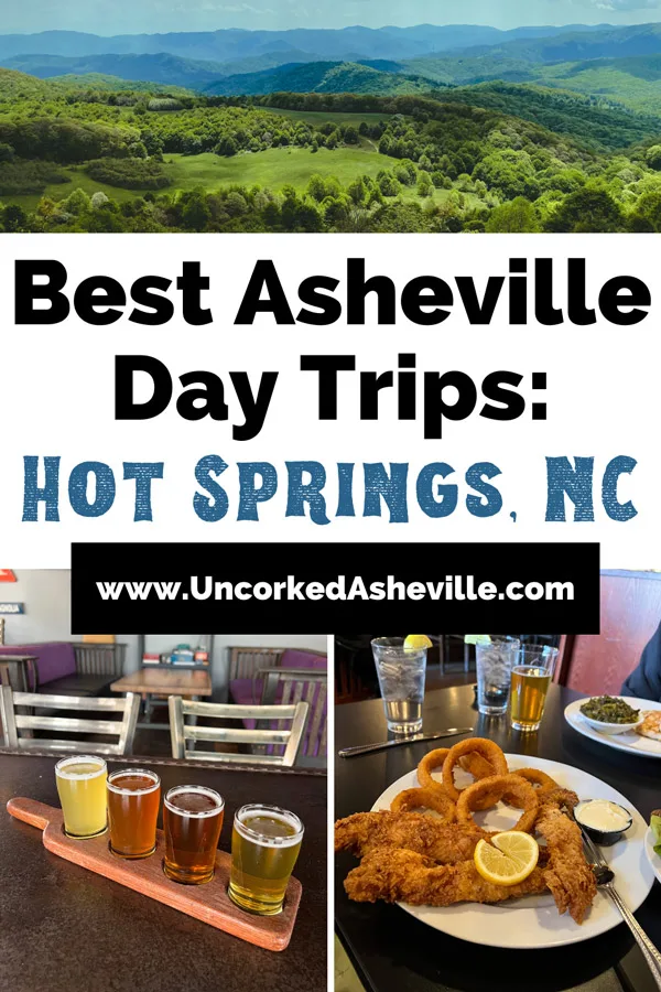 Hot Springs, NC Things To Do Pinterest pin with image of Max Patch hike with blue and green mountains, image of flight of amber to golden beer at Big Pillow Brewing, and plate of fried catfish from Iron Horse Station Restaurant and Tavern