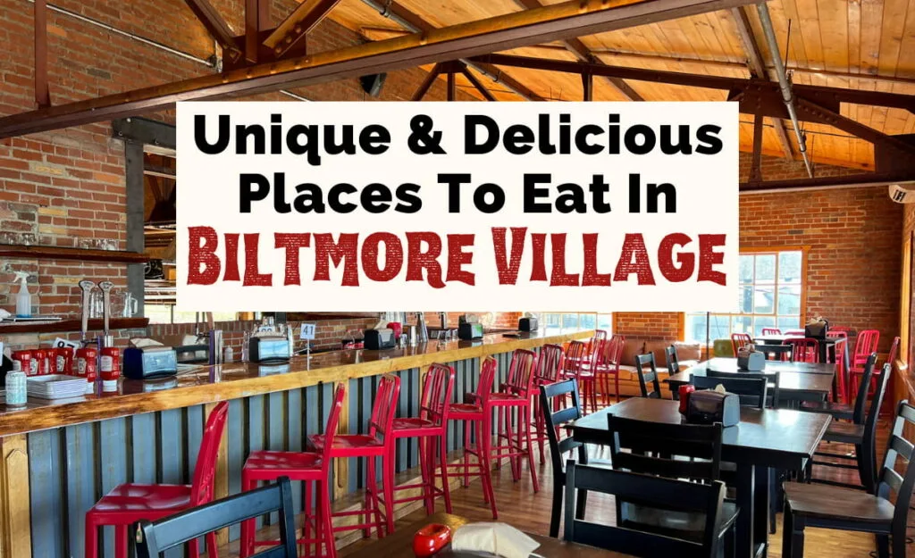 Restaurants at Biltmore Village with image of Village Pub's upstairs bar with red chairs, brick wall, and TV on wall