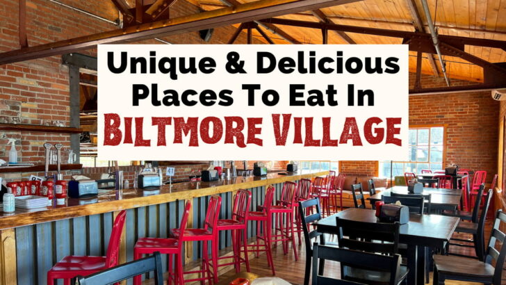 Restaurants at Biltmore Village with image of Village Pub's upstairs bar with red chairs, brick wall, and TV on wall