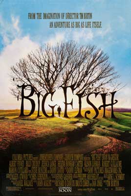 Big Fish Movie Poster with green landscape, tree branches over the title and person walking between the words of the title