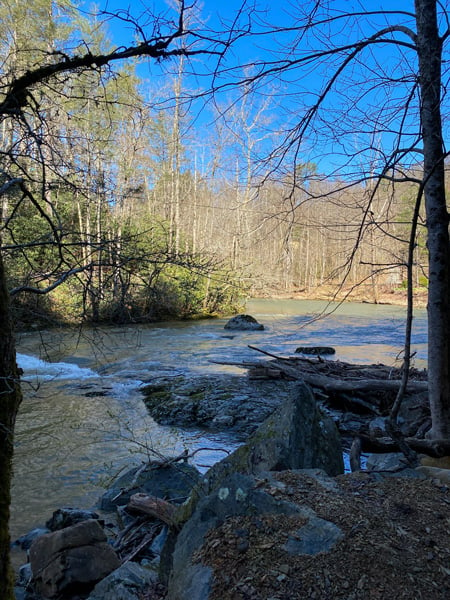 Big Laurel Creek along Laurel River Trail, NC with water surrounded by end of winter bare trees with rocks and blue sky with sun