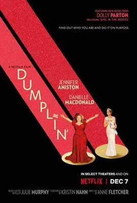 Dumplin Film Poster with image of two people, one in red dress and one in white, with red spotlight coming down on them