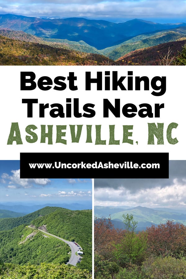 Hiking Near Asheville NC Pinterest pin with photo of fall foliage blue mountains at Black Balsam via the Art Loeb Trail, an aerial view of the Blue Ridge Parkway two-lane highway from Craggy Pinnacle, and a cloudy mountain summit view from Mount Pisgah