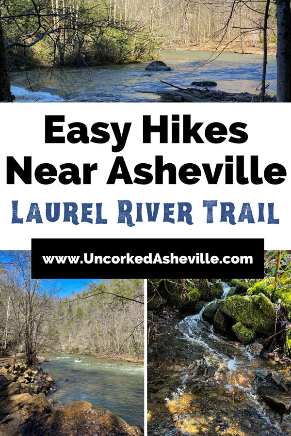 Laurel River Trail Hiking Guide Pinterest Pin with images of Big Laurel Creek, dirt trail along the river, and baby cascading stream of water along mossy rocks