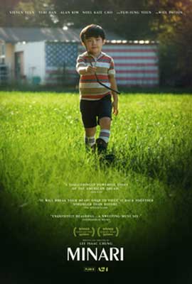 Minari Film Poster with young child in stripped shirt walking through green grass
