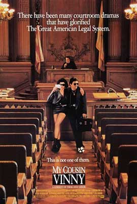 My Cousin Vinny Movie Poster with image of two people sitting facing a courtroom with judge behind them
