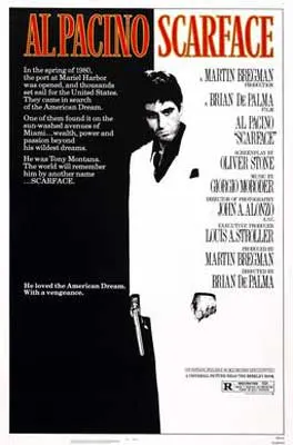 Scarface Film Poster with image of person in suit in white and black contrast with red title