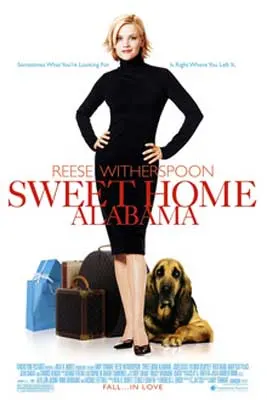 Sweet Home Alabama Movie Poster with image of blonde short-haired person in form-fitting black dress with brown dog and luggage