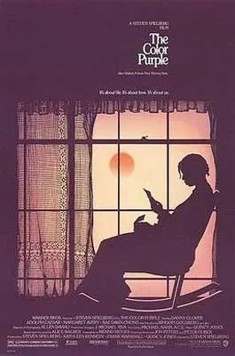 The Color Purple Film Poster with shadowed person sitting in chair in front of large curtained window with sun or moon