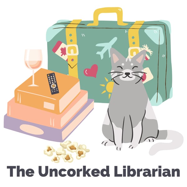 The Uncorked Librarian with graphics of cat, books, and suitcase