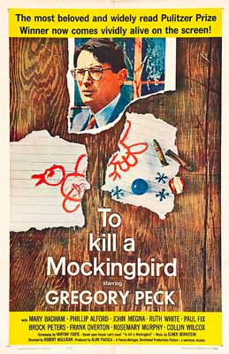 To Kill a Mockingbird Film Poster with image of person in suit, tie, and glasses and ripped note with sketched red bird