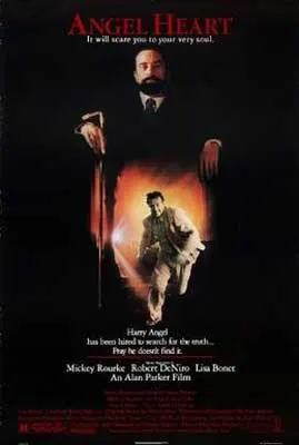 Angel Heart Movie Poster with image of person standing with a lighted like hole in their torso with a person stepping through