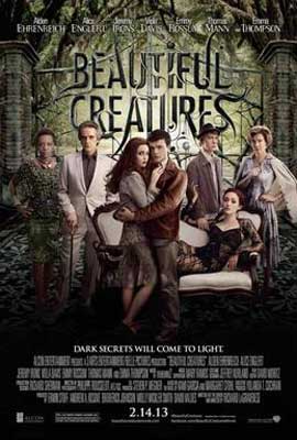 Beautiful Creatures Movie Poster with image of group of young people with two whom are embraced, one sitting, and some in period clothing
