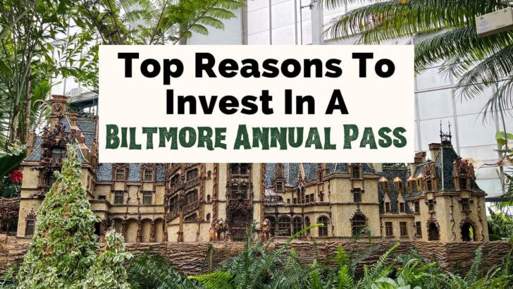 Top reasons to invest in a Biltmore Annual Pass featured photo with model of Biltmore House in the conservatory surrounded by green leaves with greenhouse wall in background
