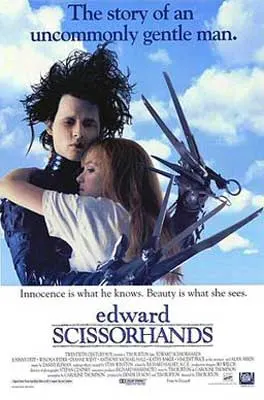 Edward Scissorhands Film Poster with image of pale person with wild black hair and scissors for handing being embraced by woman