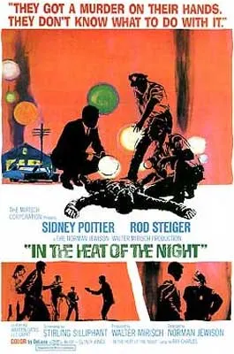 In the Heat of the Night Movie Poster with illustrated image of someone laying on the ground and cop and another person trying to help over them