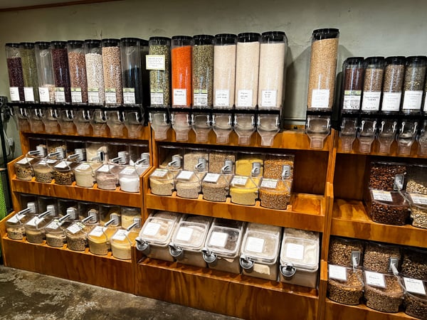 Madison Natural Foods specialty store in Marshall NC with three rows of spice containers