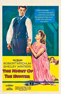 Night of the Hunter Film Poster with image of man standing in tie and blue vest and woman in pink dress kneeling and tugging at his arm