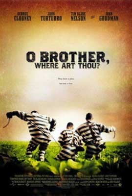 O Brother Where Art Thou Film Poster with three people in black and white striped jail clothing on green grass
