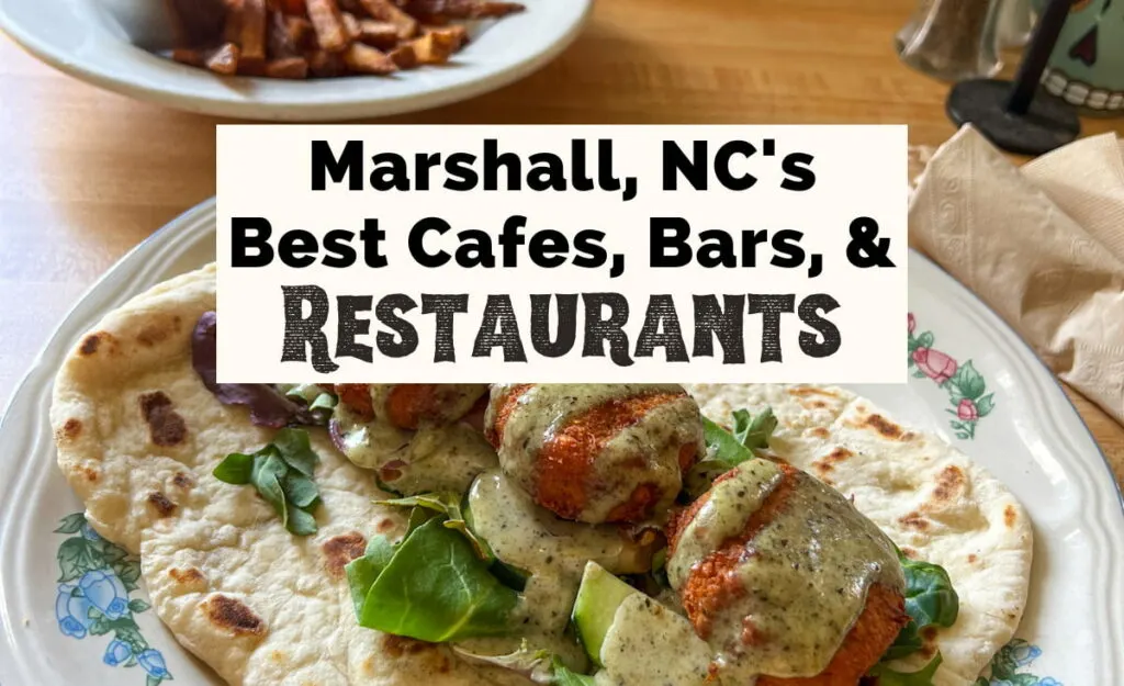 Restaurants in Marshall, NC including cafes and bars featured article photo with image of falafel wrap on plate with three pieces of brown falafel with green lettuce on a pita like bread and fries in separate bowl in background from Grateful Organic Diner