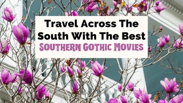Travel across the South With The Best Southern Gothic Movies featured image with white Antebellum house with pink flowers