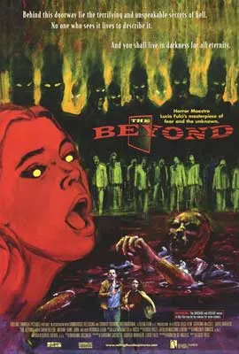 The Beyond Movie Poster with illustrated person's face with red coloring and yellow eyes with open mouth and monster coming out of ground