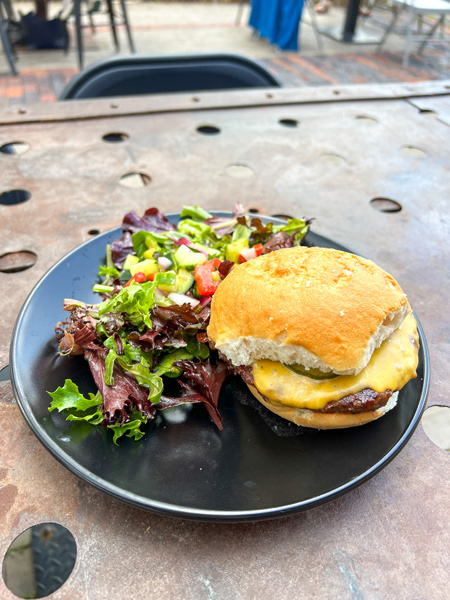 Zadie's Market Restaurant in Marshall with Gluten Free burger bun, meat patty, cheese, and side salad on a plate