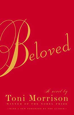 Beloved by Toni Morrison book cover with red background and yellow lettering