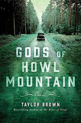 Gods of Howl Mountain by Taylor Brown book cover with car driving down green forested road
