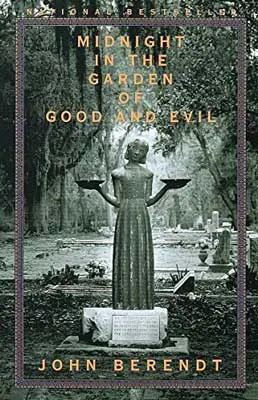 Midnight in the Garden of Good and Evil by John Berendt book cover with gray green statue in garden with trees