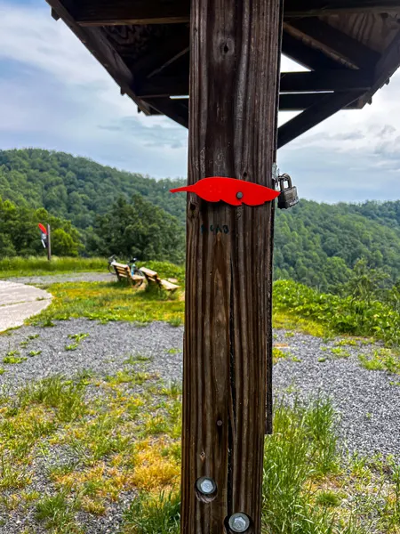 Old Fort Point Lookout Trail and Fonta Flora Trail in NC with red feather stuck to an information trail sign board at scenic overlook with wooden benches and larger trail marker in background