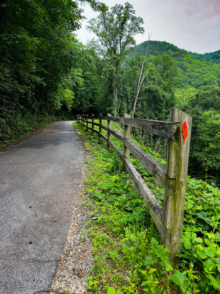 Pisgah Point Lookout and Fonta Flora Trail in Old Fort NC with paved single track pathway with side fence with red feather marker surrounded by green trees and hills