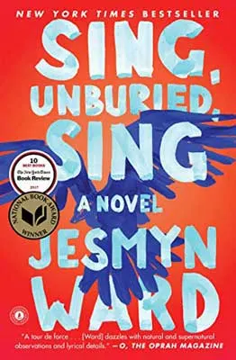 Sing, Unburied, Sing by Jesmyn Ward book cover with purple bird on orange and red hued background