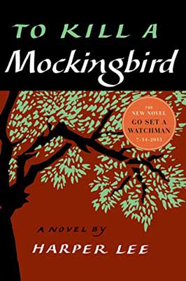 To Kill a Mockingbird by Harper Lee with brown tree with green leaves on red background