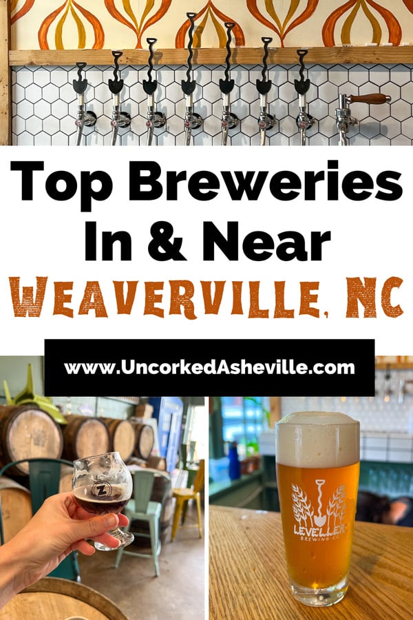 Best Breweries In Weaverville NC Pinterest Pin with three images of shovel-themed taps with yellow and orange brown patterned wallpaper in the shape of onions or bulbs, orange-brown beer on bar top with shovel themed taps blurred in background, and white hand holding up brown ale in glass in front of barrels and green chairs in taproom