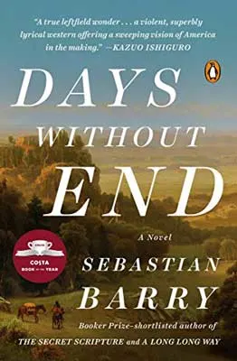 Days Without End by Sebastian Barry book cover with mountainous landscape and person with horse