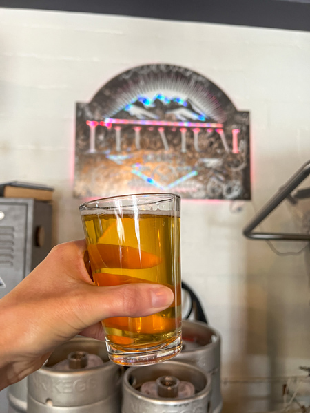 Eluvium Brewing Company in Weaverville, NC Taproom with white hand holding up light brown orange beer in front of brewery sign