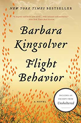 Flight Behavior by Barbara Kingsolver book cover with orange leaves all around stems on tan background