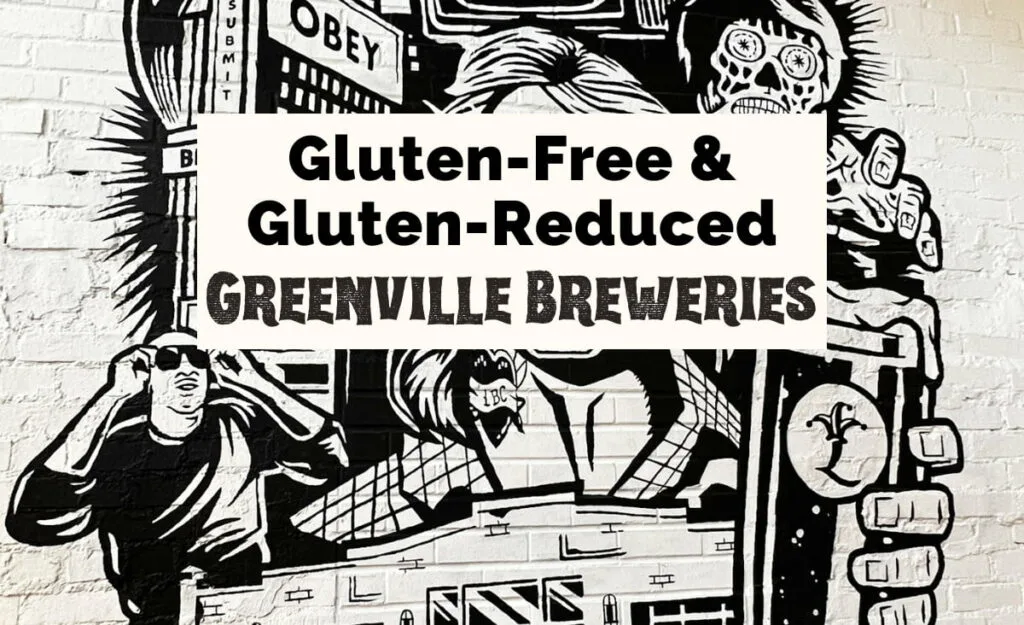 Gluten Reduced and Gluten Free Beer in Greenville, SC featured image with They Live Mural with man wearing glasses and signs that say things like Obey along with TV, storefront, and alien face