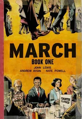 March (Book 1 & 2) by John Lewis and Andrew Aydin book cover with top showing just people's legs walking and bottom their torsos up