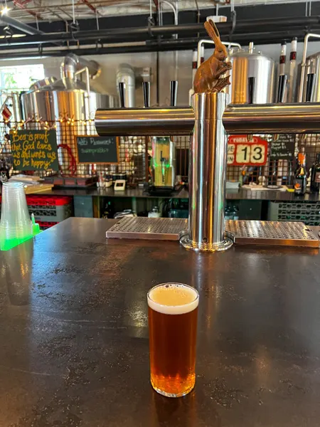Swamp Rabbit Brewery and Taproom in Travelers Rest, SC amber beer on bar top with tap with rabbit on it in background along with steel fermentation tanks