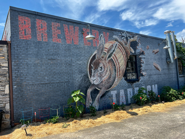 Swamp Rabbit Brewery in Travelers Rest SC facade of building with mural of rabbit with a barrel around it and words brewery and taproom