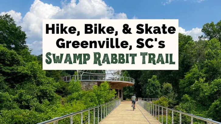 Swamp Rabbit Trail Greenville SC Park Bridge with mountain biker going across it in the distance and pavilion up ahead surrounded by green trees with blue cloudy sky
