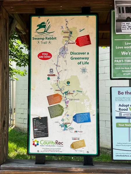 Swamp Rabbit Trail Map along the trail at Berea Station with highlights and entire greenway marked