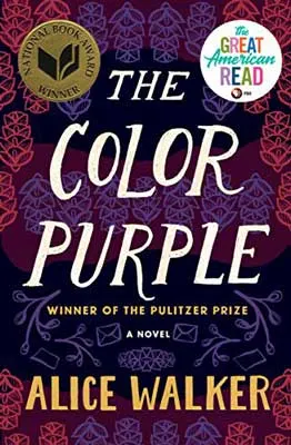 The Color Purple by Alice Walker book cover with pink and purple lined designs of envelopes and flowers
