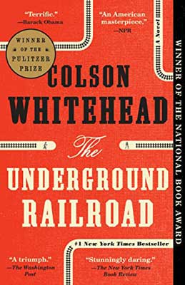 The Underground Railroad by Colson Whitehead book cover with black and beige illustrated train tracks on red background