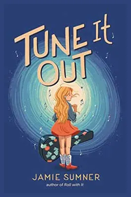 Tune It Out by Jamie Sumner book cover with illustrated young person with long golden hair holding a guitar case with stickers all over it