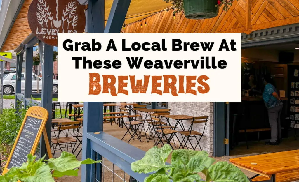 Grab a local brew at these Weaverville Breweries featured image with blue railing outdoor covered patio with chairs, tables, and picnic tables along with business sign and green bushes