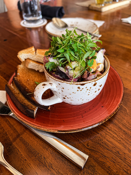 Edison Restaurant at the Omni Grove Park Inn Octopus Ceviche in a white tea cup with orange saucer with gluten-free bread