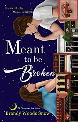 Meant To Be Broken by Brandy Woods Snow book cover with illustrated two people leaning chins on arms looking at each other over cityscape but the entire image is sideways